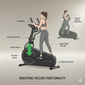 Illustration demonstrating how a compact front drive elliptical adjusts its ramp for targeted muscle engagement.