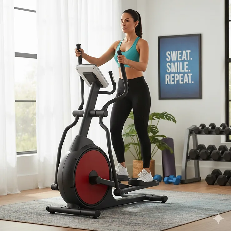 A person exercising on a budget front drive elliptical in a bright home gym setting.