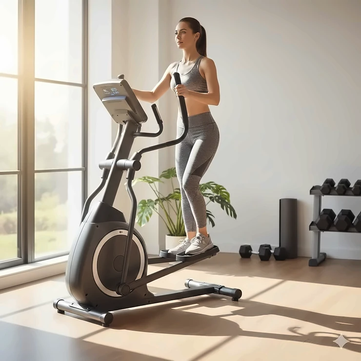 A person exercising on a high-quality home rear drive elliptical in a bright, modern home gym.