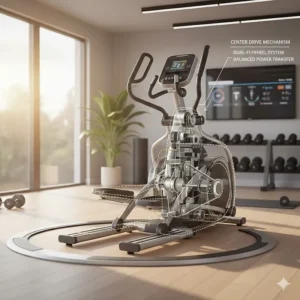 Internal diagram of the dual-flywheel mechanism located on the sides of a center drive elliptical.