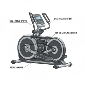 Illustration showing the internal drive system of a center drive elliptical highlighting the dual-crank design.