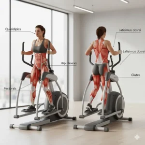Anatomical illustration highlighting the glute, hamstring, and core muscle engagement during a center drive elliptical workout.