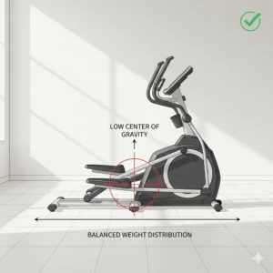 Diagram showing the low center of gravity and balanced weight distribution of a center drive elliptical for increased stability.