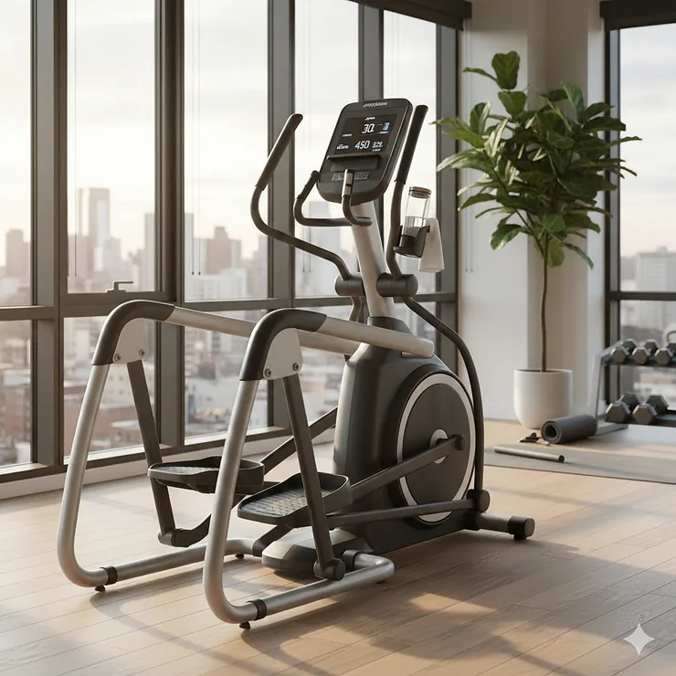 A high-end center drive elliptical trainer positioned in a bright, modern home gym setting. compact center drive elliptical