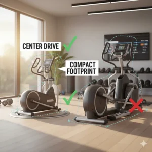 Comparison showing the space-saving compact design of a center drive elliptical versus a front drive model.