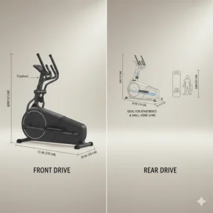 Technical diagram showing the footprint and total length of a compact front drive elliptical designed for tight spaces.