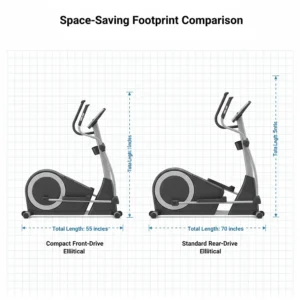 A top-down view illustration comparing the footprint of a compact front drive elliptical to a standard rear-drive model.