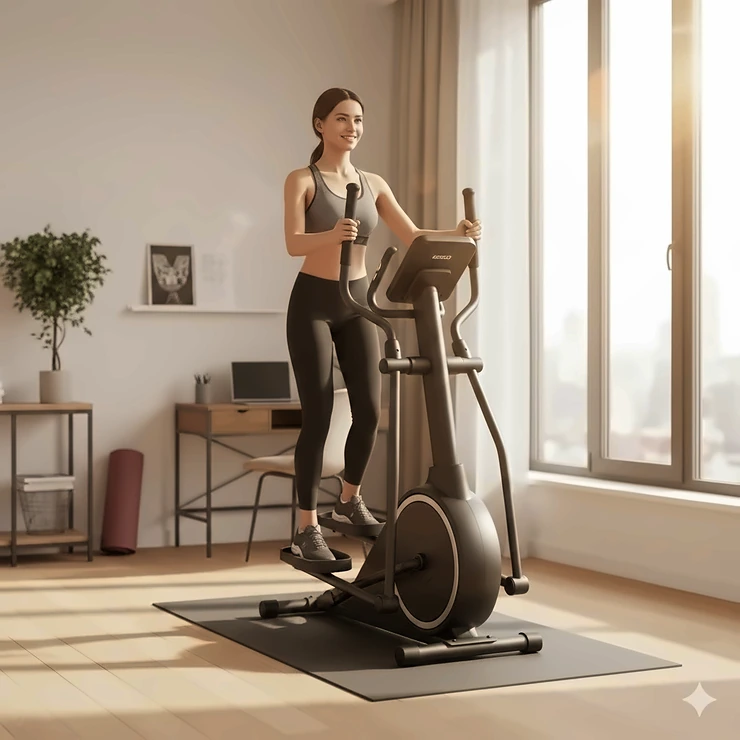 A sleek compact front drive elliptical trainer positioned in a small sunlit apartment gym for space-saving workouts.