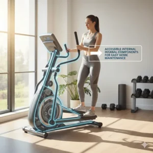 Illustration demonstrating the accessible internal components of a rear drive elliptical for easy home maintenance.