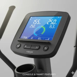 Close-up illustration of a digital console on a compact elliptical showing heart rate, calories, and workout programs.