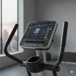 Graphic of a digital console on a quiet rear drive elliptical tracking workout metrics.