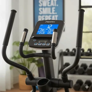 Close-up of a digital console on a budget elliptical showing heart rate and calorie tracking.