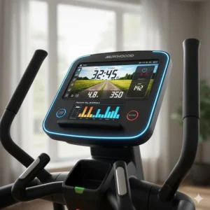 A detailed view of a backlit LCD console on a rear-drive elliptical showing workout metrics, heart rate, and program settings.