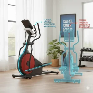 A diagram comparing the flatter stride path of a budget front drive elliptical to a rear-drive model.