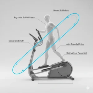 Illustration of the natural walking path and stride length on a rear drive elliptical machine.