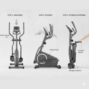 Sequence showing how to fold and move a portable front drive elliptical using transport wheels.