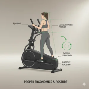 Illustration of a user maintaining correct upright posture and natural stride on a front drive elliptical machine.