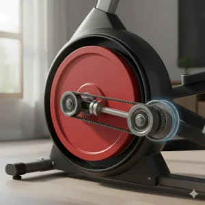 Close-up illustration of the front-mounted flywheel on an affordable elliptical trainer.