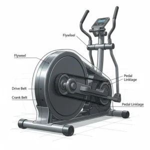 Diagram showing the internal flywheel and belt drive system located at the front of an elliptical machine.