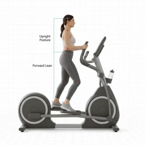Illustration of a person maintaining an upright posture and slight forward lean on a front drive elliptical.