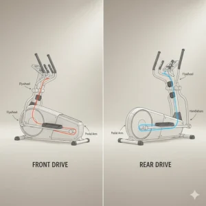 Illustration comparing the mechanical layout of a compact front drive elliptical versus a traditional rear drive model.