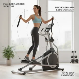 Illustration of the synchronized arm and leg movement on a center drive elliptical providing a total body aerobic workout.
