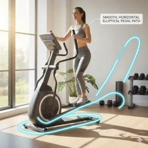 Illustration of the smooth, horizontal elliptical path of the pedals on a rear drive machine.