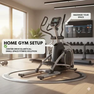A modern home gym layout featuring a center drive elliptical as the centerpiece for small-space fitness.