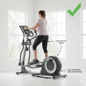 Illustration focusing on the low rear-access step-up height of a center drive elliptical for easy mounting and dismounting.