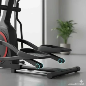 Illustration of oversized, articulating foot pedals on a heavy-duty elliptical designed to reduce joint impact and fatigue.