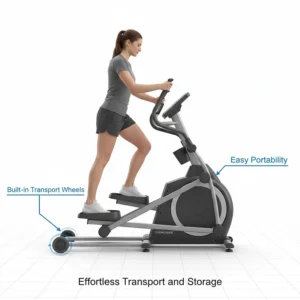 Illustration of a front drive elliptical being tilted and moved using built-in transport wheels.