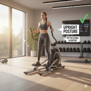 Illustration of a user maintaining a natural upright posture on a center drive elliptical for better spinal alignment.