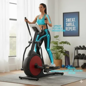 Illustration of a user maintaining upright posture and core engagement on a front-drive elliptical machine.