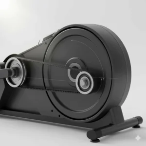 Close-up illustration of a quiet rear drive elliptical flywheel and belt system.