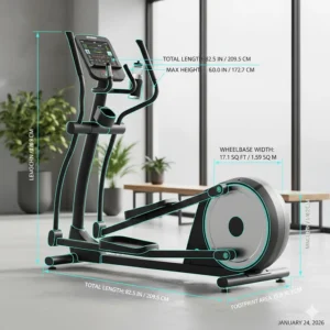 A blueprint-style illustration showing the compact footprint and dimensions of a premium rear-drive elliptical machine.