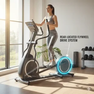 An illustrated diagram highlighting the flywheel location at the back of a home rear drive elliptical.