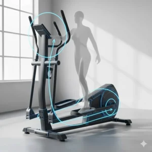 An illustration showing the natural elliptical stride path of a rear-drive machine, highlighting the ergonomic foot motion.