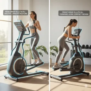 Side-by-side comparison illustration of a home rear drive elliptical versus a front drive model.
