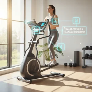 Close-up illustration of a digital console on a home rear drive elliptical showing workout tracking and Bluetooth icons.