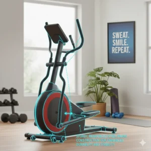 Technical drawing highlighting the reinforced steel frame of a durable budget front drive elliptical.