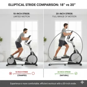 Comparison graphic showing the difference between a cramped 18-inch and a natural 20 inch stride elliptical.