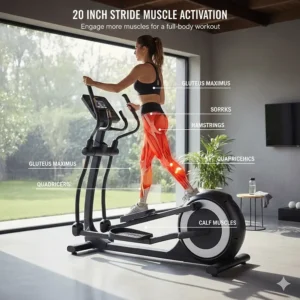 Illustration highlighting leg and glute muscle engagement during a full 20 inch elliptical stride.