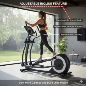Side view of a 20 inch stride elliptical at a high incline setting for intense cardio.
