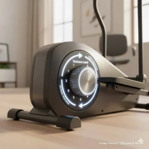 Close-up illustration of the tension knob on an under desk elliptical showing multiple resistance levels.