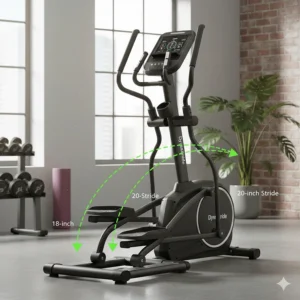 Illustration highlighting the 20-inch adjustable stride length on a professional-grade heavy duty folding elliptical.
