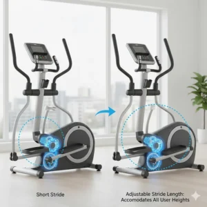 Technical drawing showing how adjustable stride length on a home elliptical accommodates different user heights.