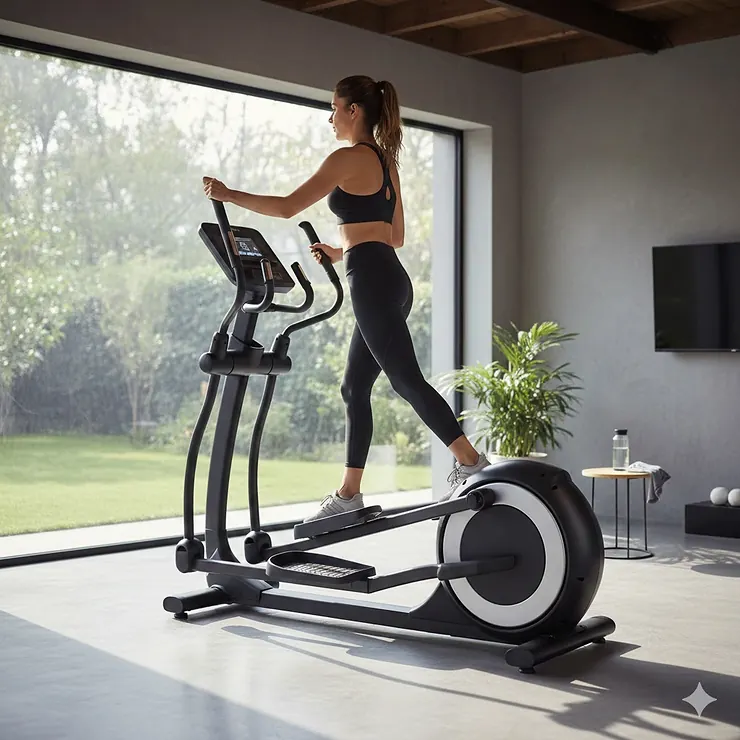 A high-end 20 inch stride elliptical trainer in a modern home gym setting, showing the full range of motion.