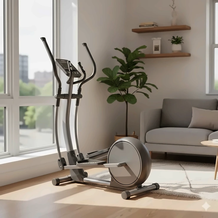 A sleek, compact elliptical trainer positioned in a bright, modern studio apartment next to a large window. elliptical for small apartment
