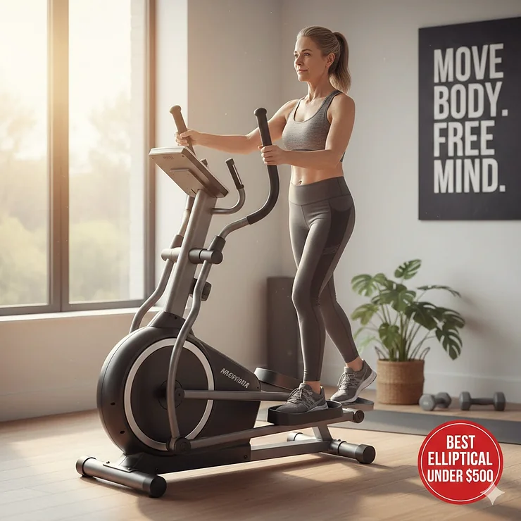 A person using a compact magnetic elliptical in a bright home gym, highlighting affordable fitness equipment. best elliptical under $500