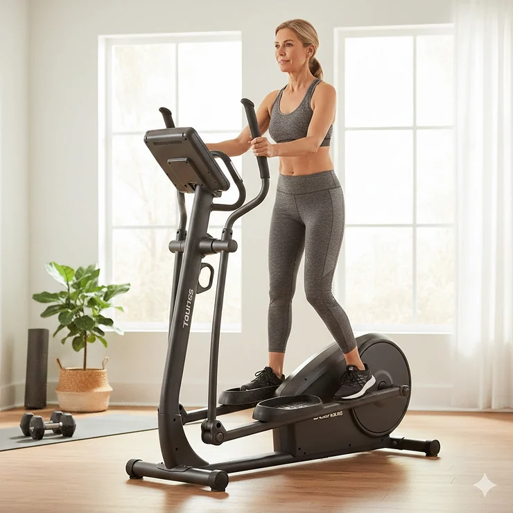 A high-end folding elliptical trainer unfolded and ready for use in a modern, sunlit home gym. best folding elliptical